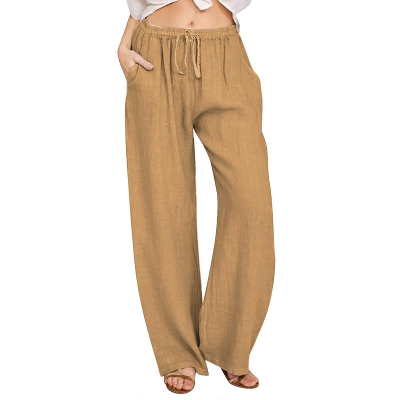 Wide Trousers for Women – Casual Yellow Linen Elastic Drawstring Pants, XXL Solid Cotton Long Leg Trousers