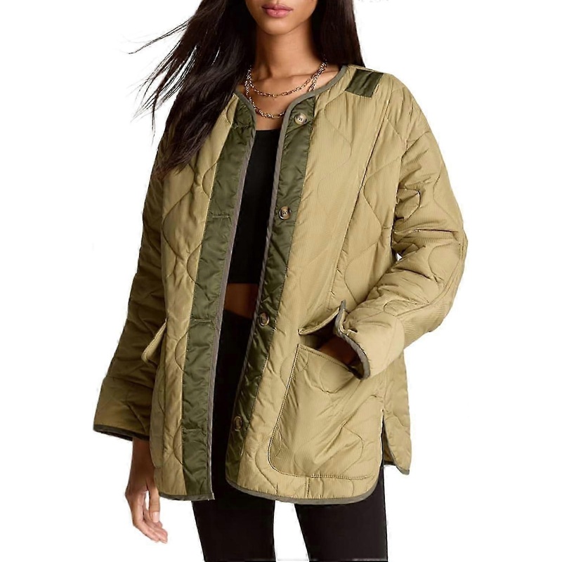 Women Loose Quilted Jacket Button Down Long Sleeve Lightweight Coat With Pockets