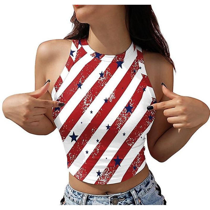 2022 Hot Sale Female Printed Independence Day Holiday Tight Sexy Round Neck Versatile Bottom Vest For Women