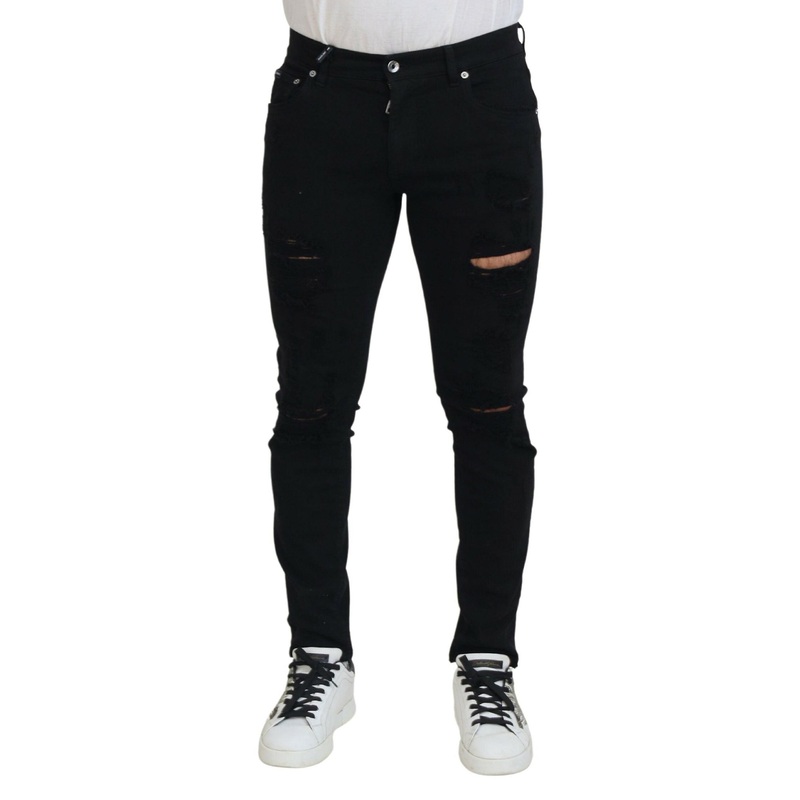 Dolce & Gabbana Black Slim Fit Tattered Denim Cotton Jeans