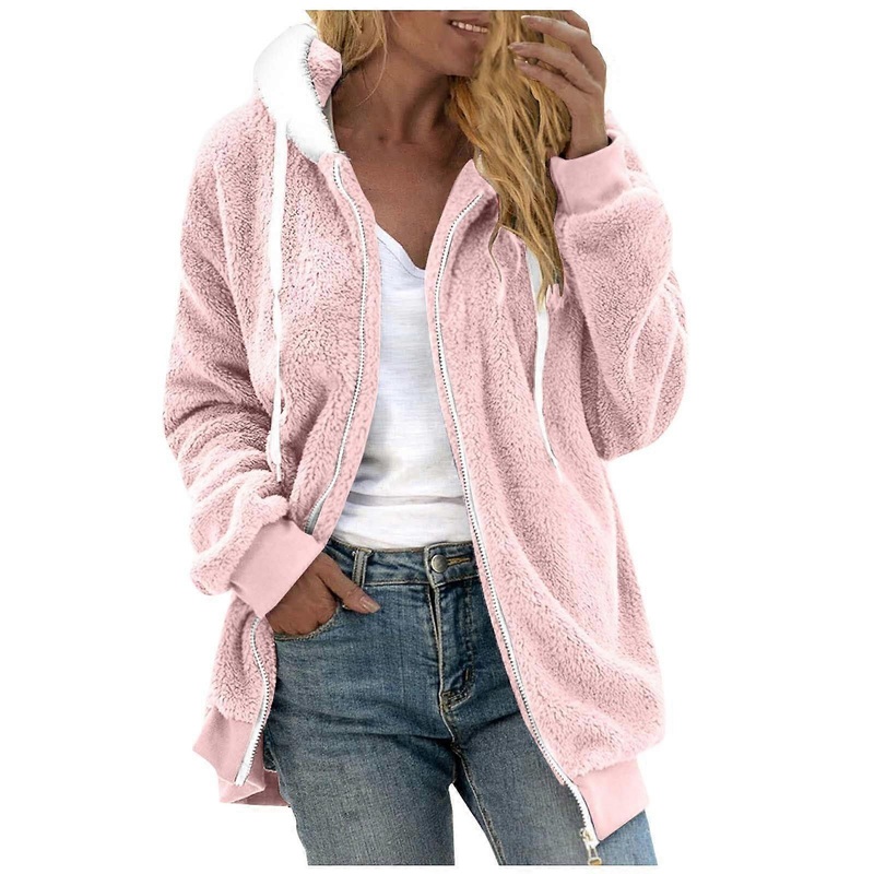 Plschjacke Damen Fleecejacke XL Rosa Dnne Warme bergangsjacke Hoodie Kapuzenjacke Sportlich Leicht Teddyjacke