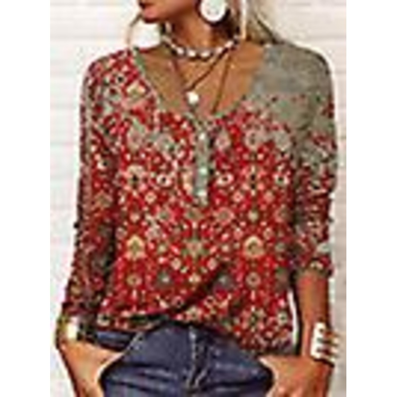 Womens Button Print Loose Pullover T Shirt Ladies Long Sleeve Blouse Casual Tops