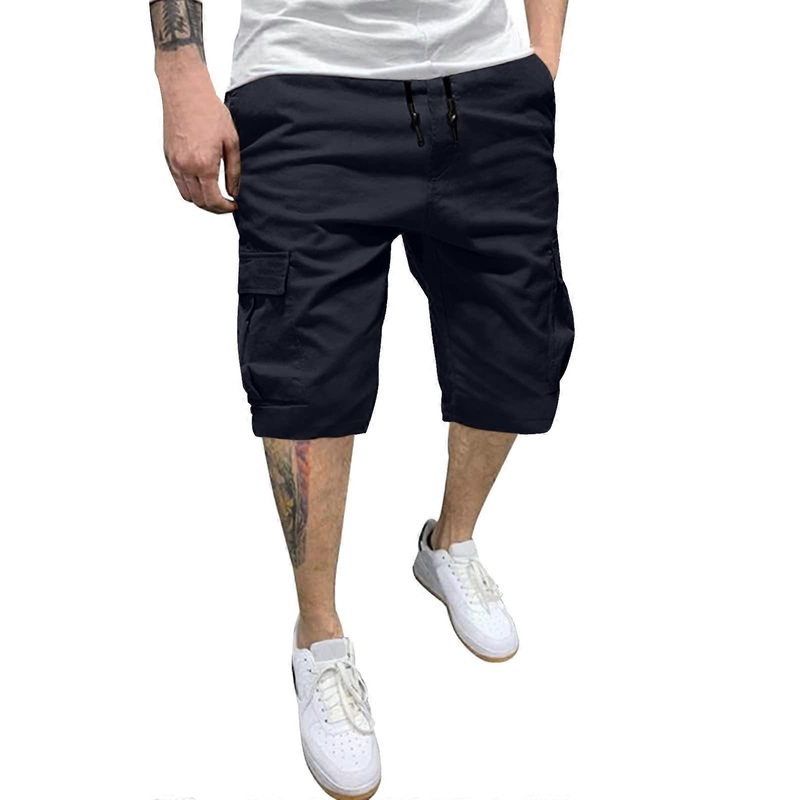 Men’s Short Cargo Trousers, Fitness Jogging Bottoms, Elastic Waistband with Drawstring, Navy XL