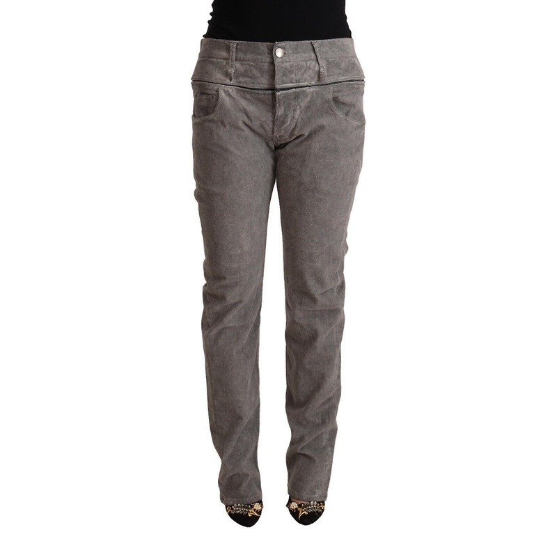 Gray Cotton Straight Fit High Waist Pants