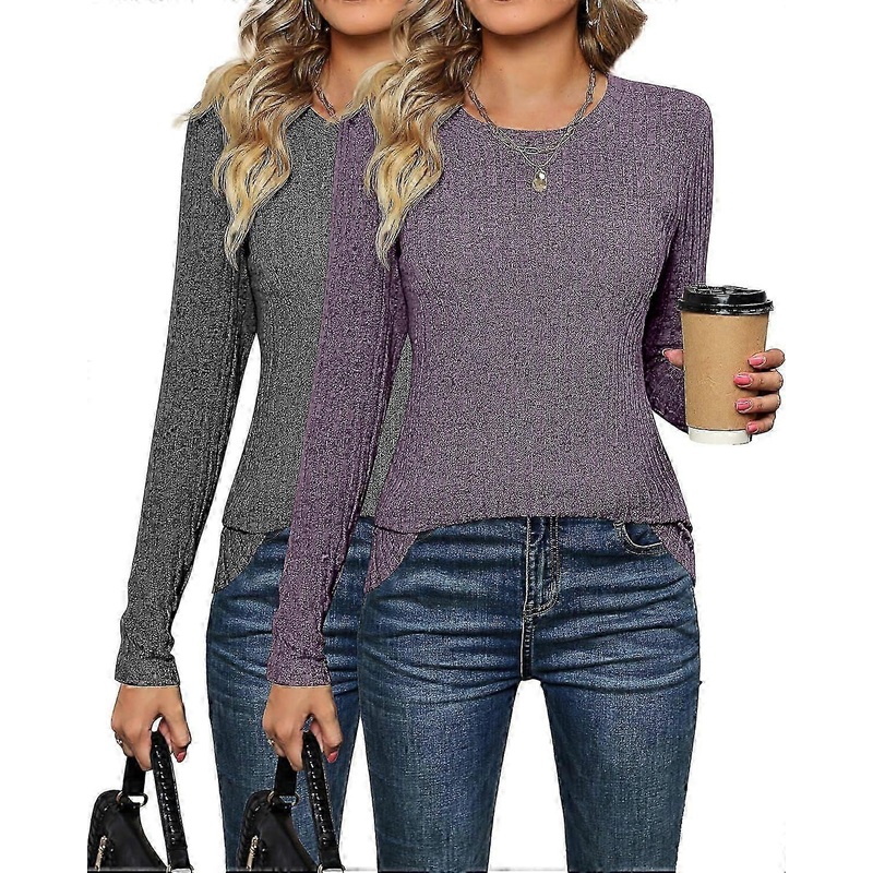 2 Pack Women’s Lightweight Sweaters, Crew Neck Long Sleeve Pullover Sweaters Cable Knit Casual Fall Fitted Sweater Top