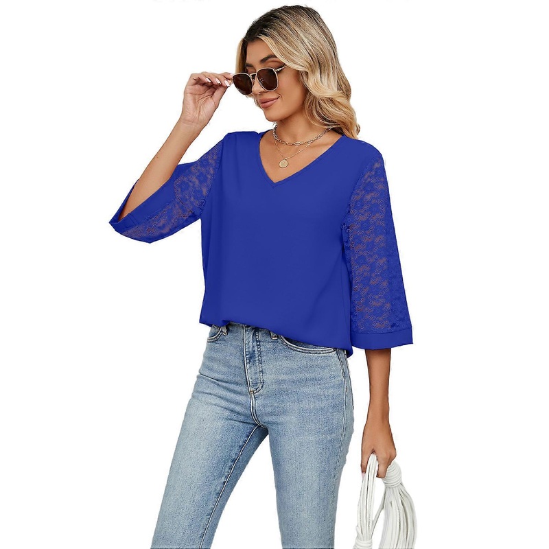 Women’s Shirts Elegant V Neck 3/4 Sleeve Chiffon Blouses Tops Business Casual Work Office Blue