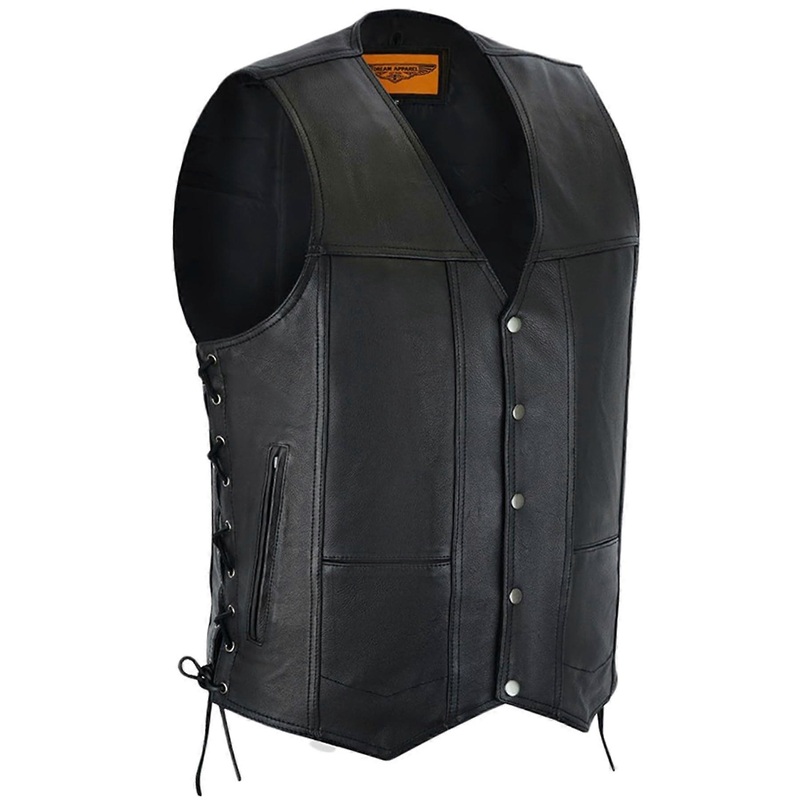 Mens Leather Motorcycle Riding Biker Vest Black Club Vest With 2 Concealed Carry Pockets Side Laces Size 58