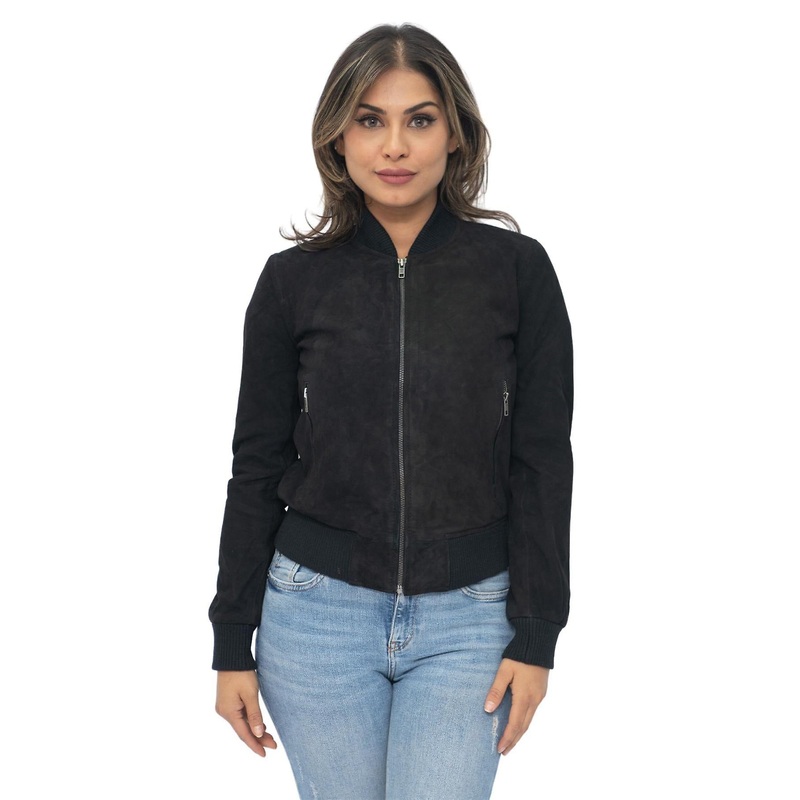 Womens Suede Black Classic MA-1 Suede Leather Bomber Jacket