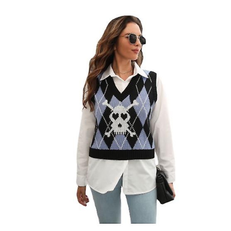 Women’s Skull Jacquard Diamond Plaid Vest Sweater Women’s Autumn And Winter Knitwear Vest High Quality Ladies Sleeveless Top