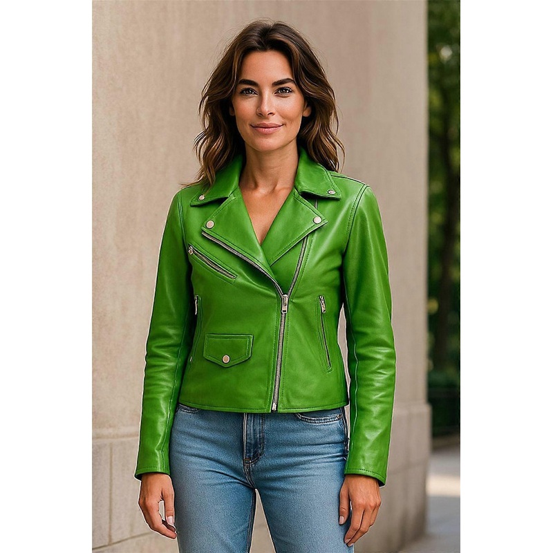 Womens Apple Green Leather Biker Jacket Classic Brando Moto Real Leather Ladies Jacket