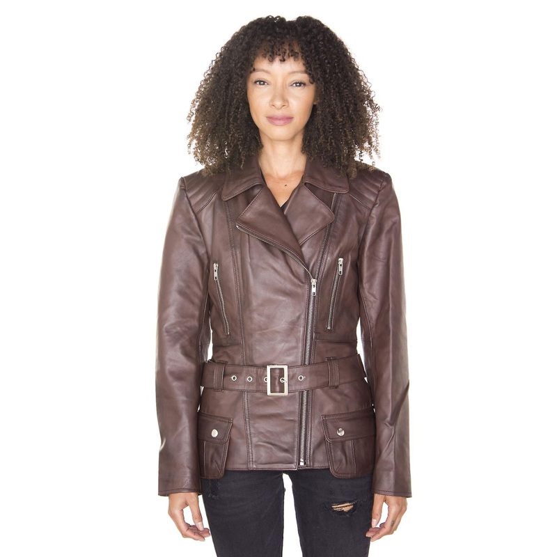 Womens Brown Long Classic Leather Biker Jacket