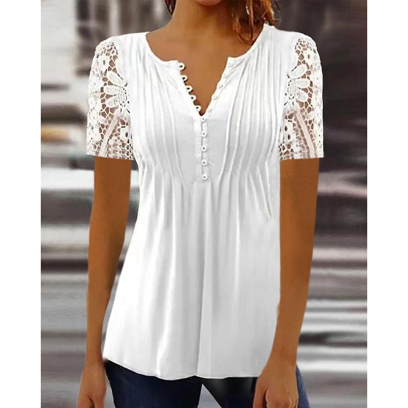 Womens Lace V-Neck Tops T-Shirts Ladies Short Sleeve Casual Blouse Tee Plus Size