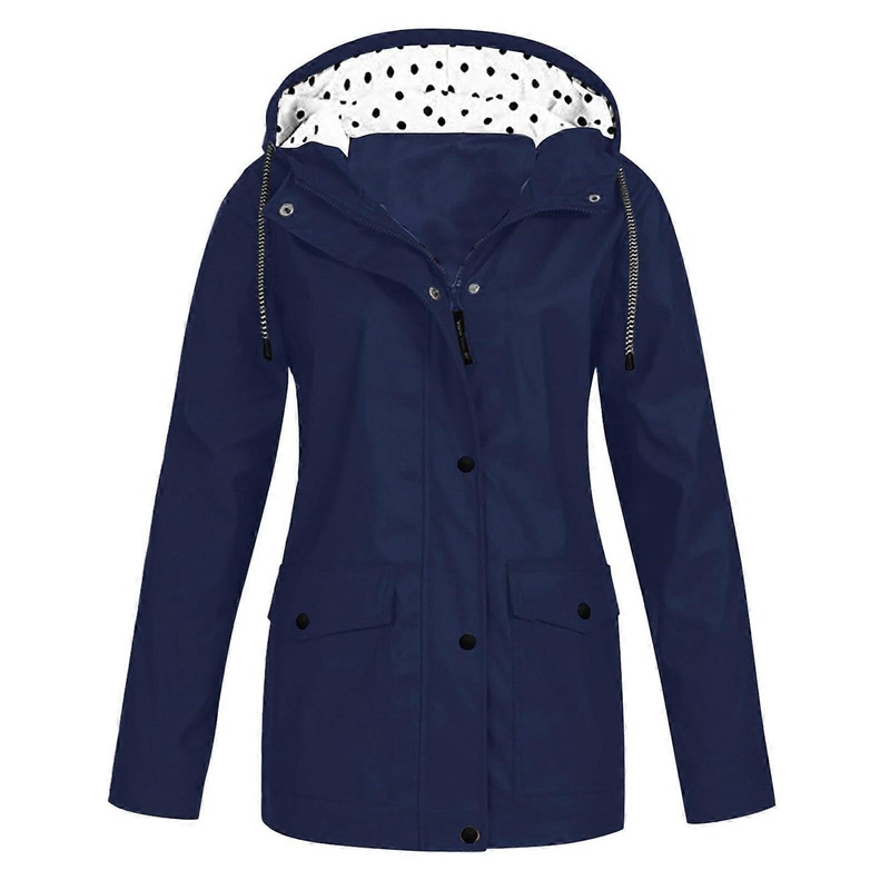 Women’s Rain Jacket, Thin Large Size Lined Raincoat, Navy Blue, Size L