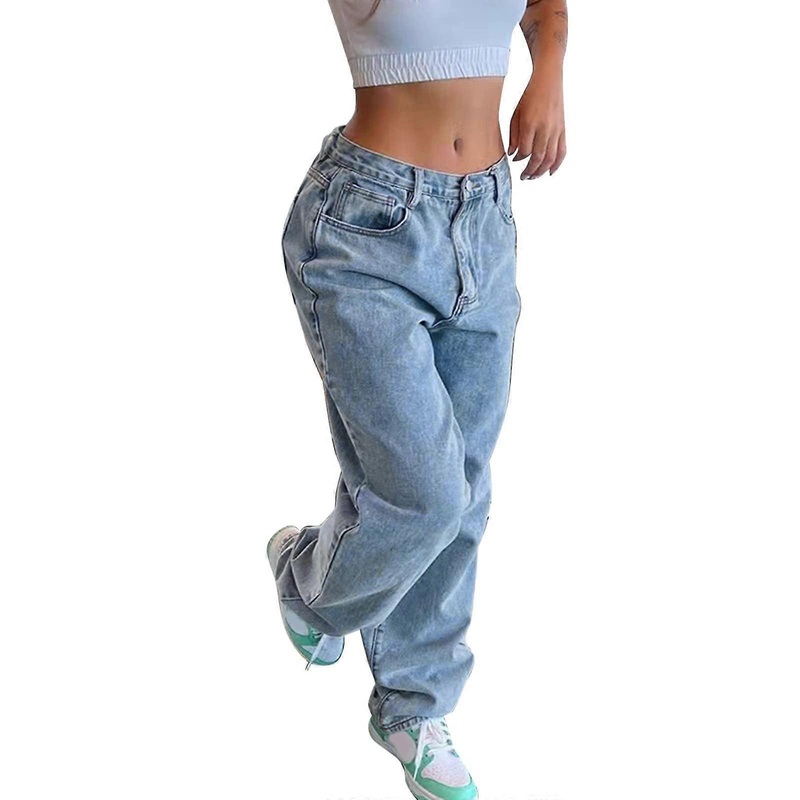 Cargo Jeans Women’s Baggy Casual Pants with Pocket Wide Leg RelaxedFit Denim Pants Y2K  Waist Blue Size M