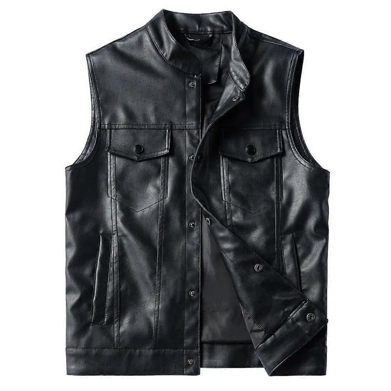 Mens Classic Multi Pocket Leather Vest Black PU Jacket Sleeveless Riding Biker Vest Size M