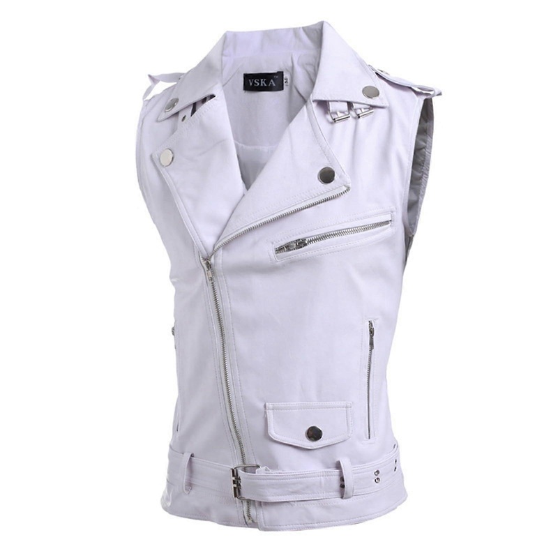 Men’s Vintage Biker Leather Vest White 4XL