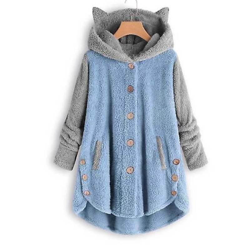Women’s 2022 Autumn And Winter Hooded Cat Ears Plush Top Women’s Fashion Color Matching Mid-length Coat, Outdoor Warm Plush Coat