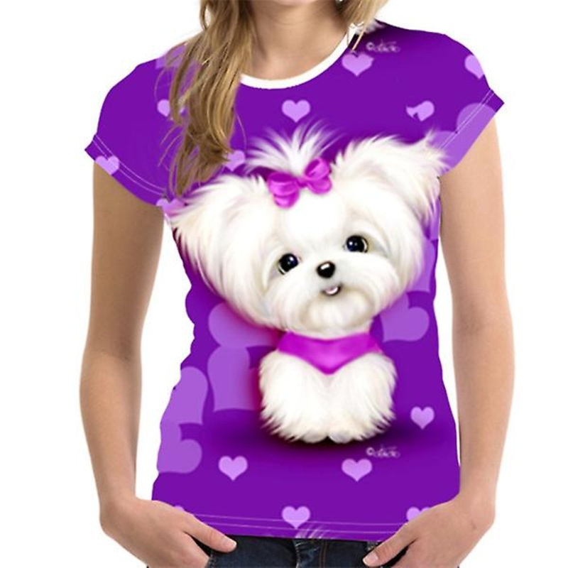 2022 Hot Sale Brand New Fashion Outlet Brand Ladies 3d Dog Pattern Printed Round Neck Short Sleeve T-shirt Tops For Women
