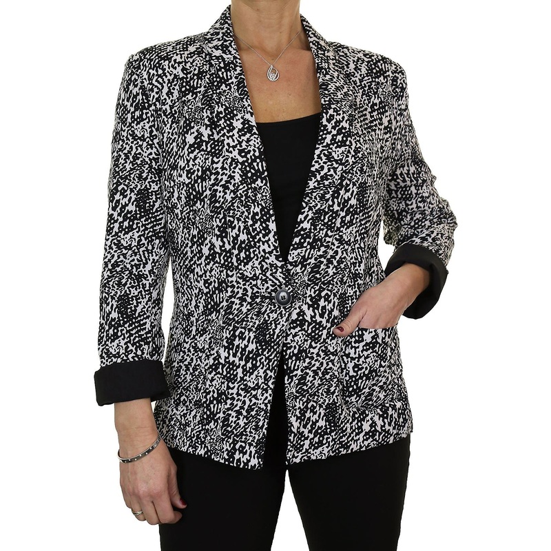 Women’s Smart Evening Long Sleeve Event Tailored Blazer Jacket Lightweight Fully Lined Black Cream Print Size 12