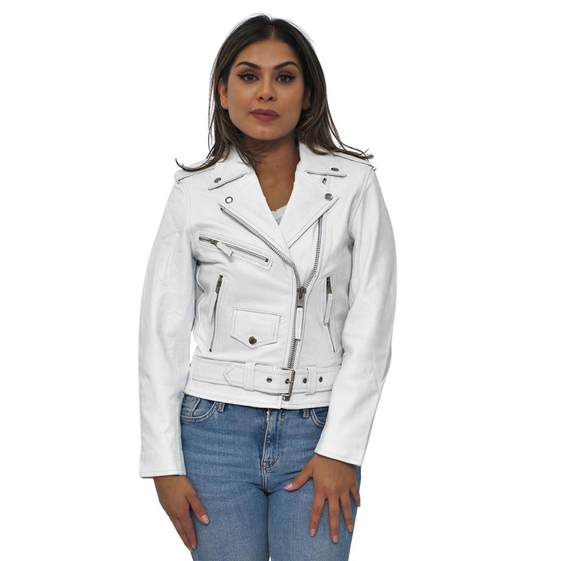 Womens White Cowhide Brando Leather Biker Jacket