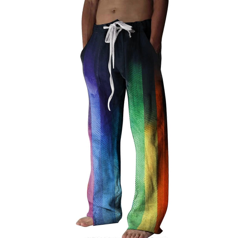 Hawaii Men’s Linen Trousers Lightweight Summer with Palm Tree Print Black 4XL