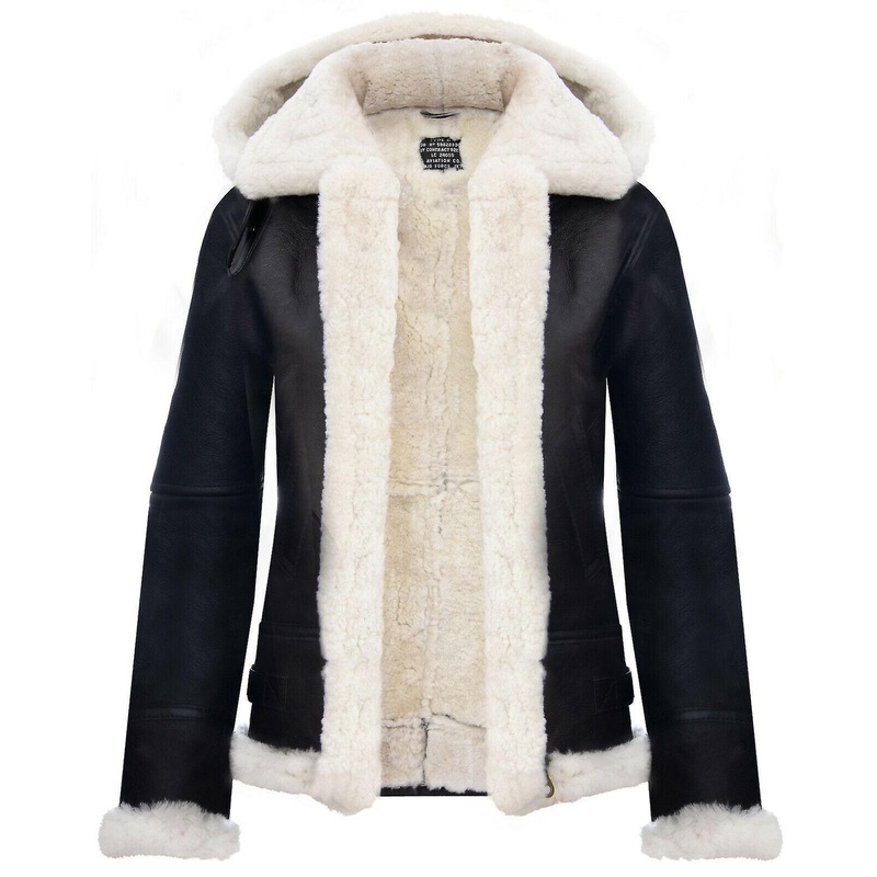 Womens Hooded Brown Cream Sheepskin Flying Jacket