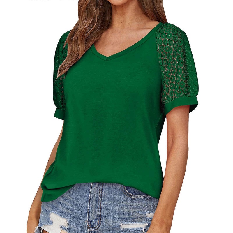 Women’s T-Shirts Summer Short Sleeve V Neck Tee Loose Casual Lace Knit Tops Green