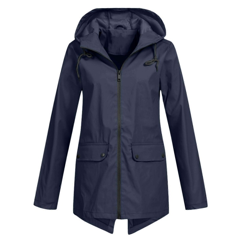 Women’s Waterproof Breathable Long Wind Jacket for Hiking and Biking, Large Sizes, A1001-Marine Color Rain Parka