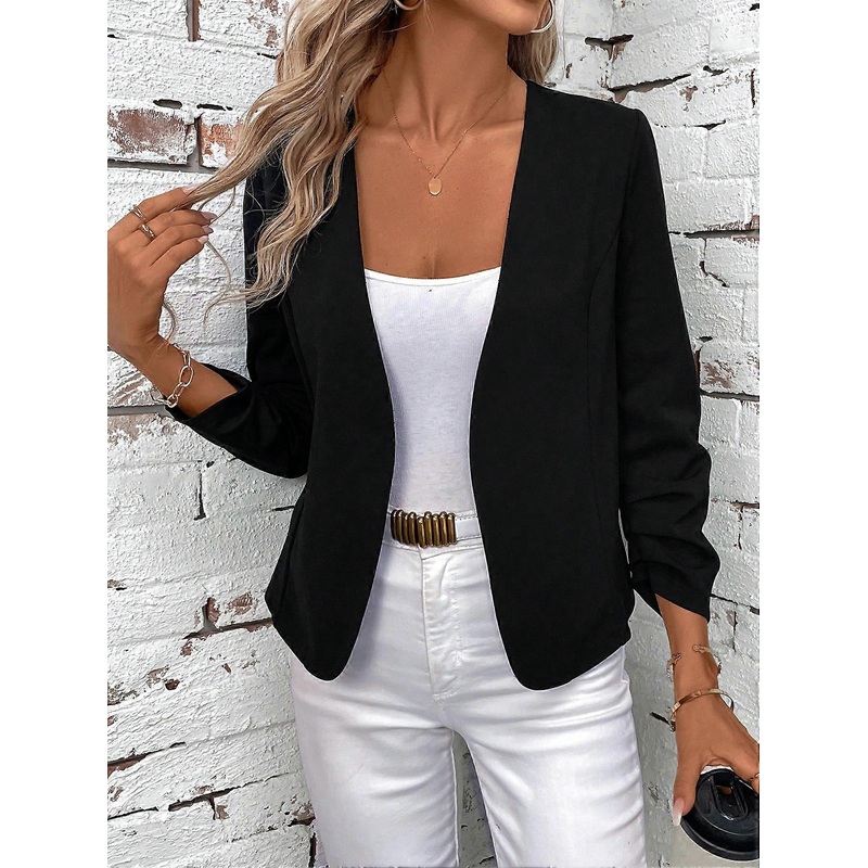 Women’s Elegant Ruffle Front Long Sleeve Versatile Black Jacket In Fall/Winter