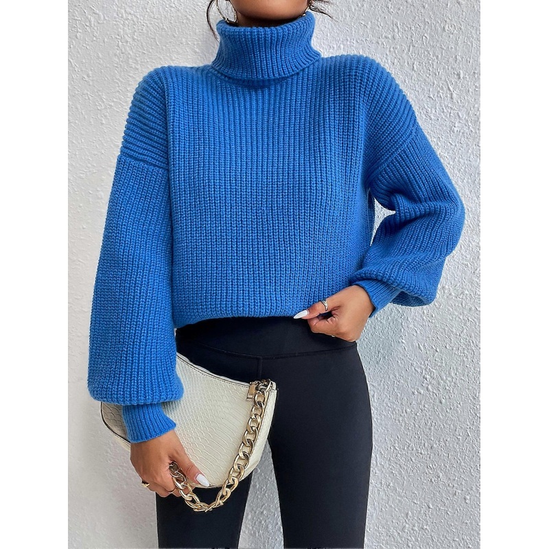 Women’s Solid Color High Neck Drop Shoulder Long Sleeve Casual Pullover Sweater, Autumn/Winter