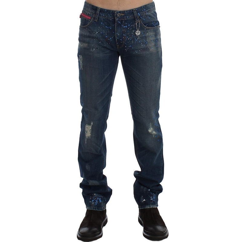 Blue Wash Paint Slim Fit Pants Jeans