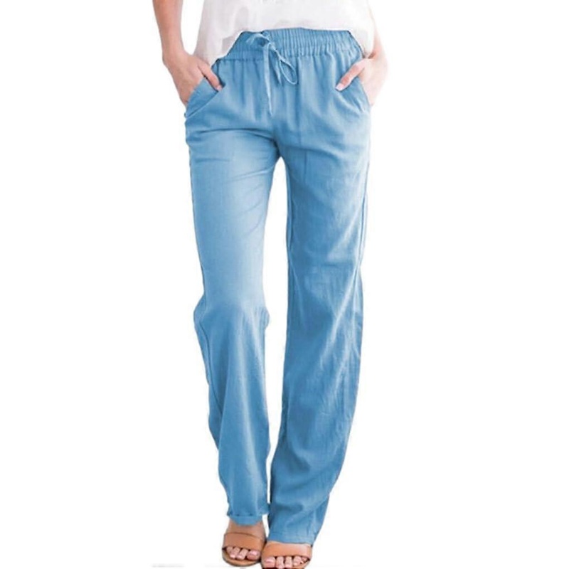Drawstring Casual Loose Pant, Cotton Linen Pants, Loose Fit, Light Blue, Size L, Long Lounge Pants