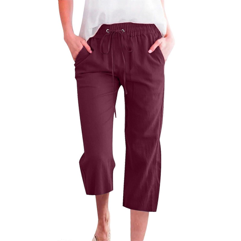 Women Fashion  Waisted Wide Leg Pants Drawstring Elastic Trousers Pockets Work Out Pants Wine Color M