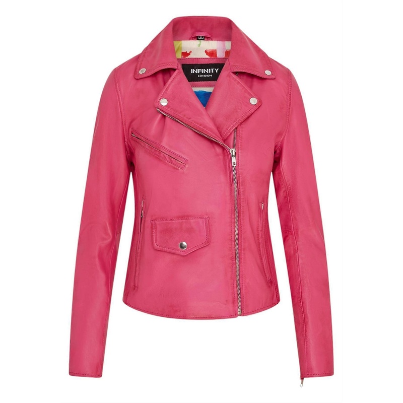 Womens Fuschia Pink Leather Biker Jacket Classic Brando Moto Real Leather Ladies Jacket
