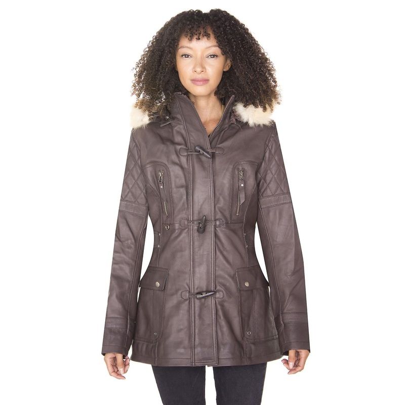 Womens Brown Quilted Leather Hooded Parka Jacket