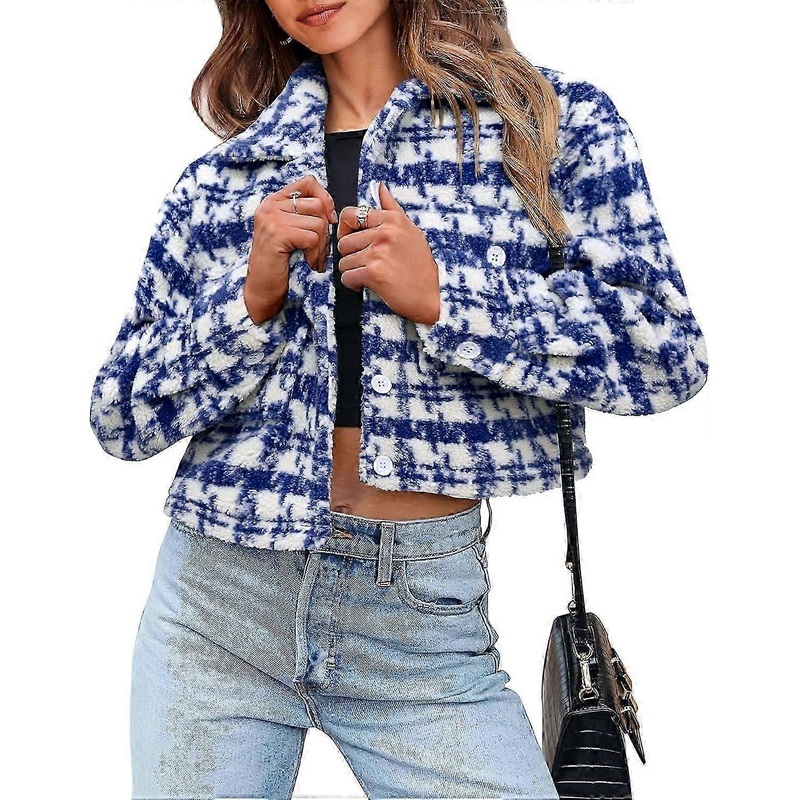 Women’s Fall Plaid Shacket Jacket Faux Fur Lapel Open Front Cropped Winter Coats Outerwear
