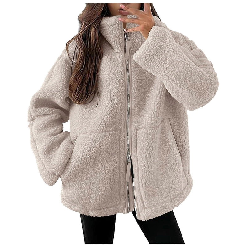 Women’s Winter Jacket Windproof Plush Warm Lined Fleece Jacket Beige S