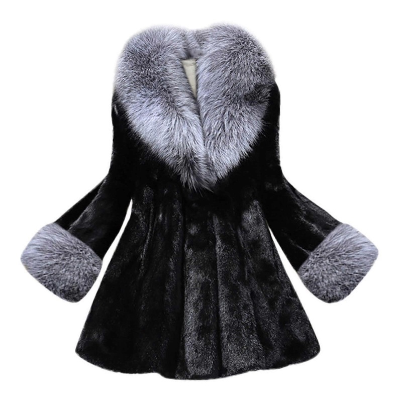 Winter Jacket Women Long Faux Fur Collar Fleece Coat Black Oversized XL Warm