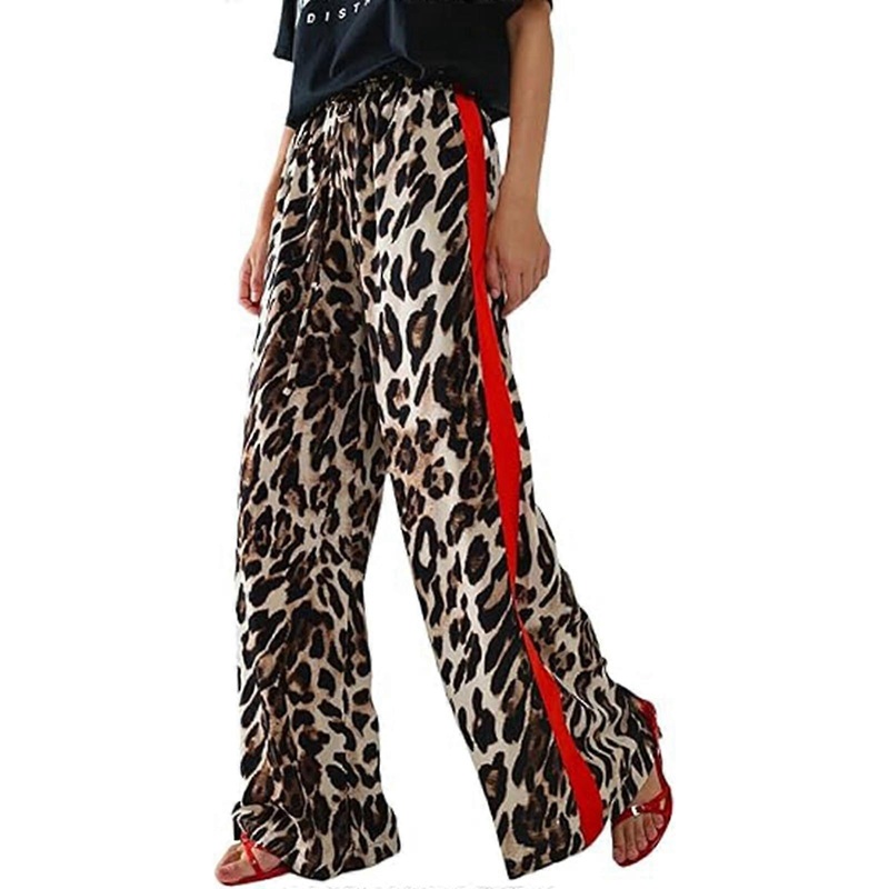 Casual Trousers Women’s High Waist Leopard Print Wide Leg Baggy Trousers with Pockets Comfortable Fabric XL O White