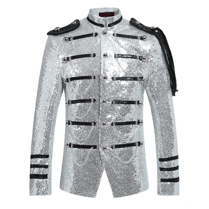 Sliktaa Mens Sequin Dress Epaulets Tassel Honor Guard Coat