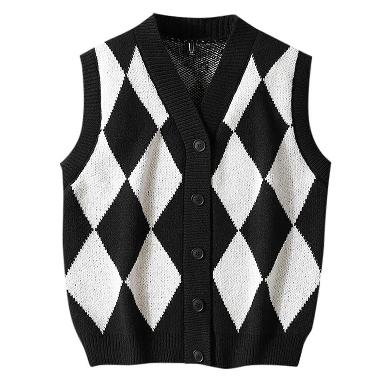 Men’s Sweater Vest Checked Sleeveless Knitted Vest VNeck Cotton Winter Sweater for Men XL Black