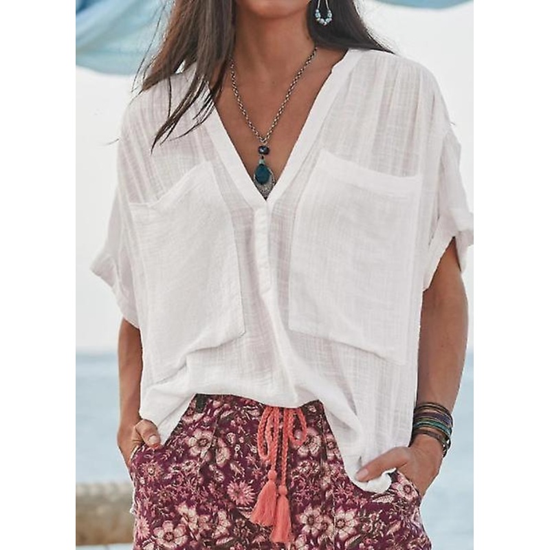 Women’s Summer Loose Sunscreen Casual V-neck Pocket Short Sleeve White Shirt