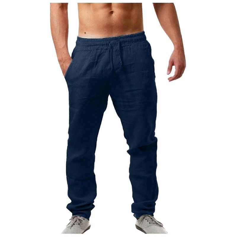 Men’s Linen Trousers Plain Long Lightweight Summer Trousers Loose Fit Casual Trousers with Drawstring for Holiday Beach Everyday Dark Blue XXL