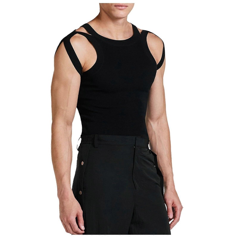 2025 Men’s Black Knitted Vest with Double Shoulder Straps, Hollow Design, Slim Fit, Collar, Size 3XL