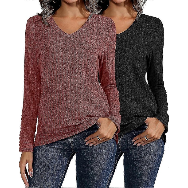 2 Pack Women V Neck Long Sleeve Sweaters Lightweight Tunic Tops Solid Color Casual Tunics Shirts