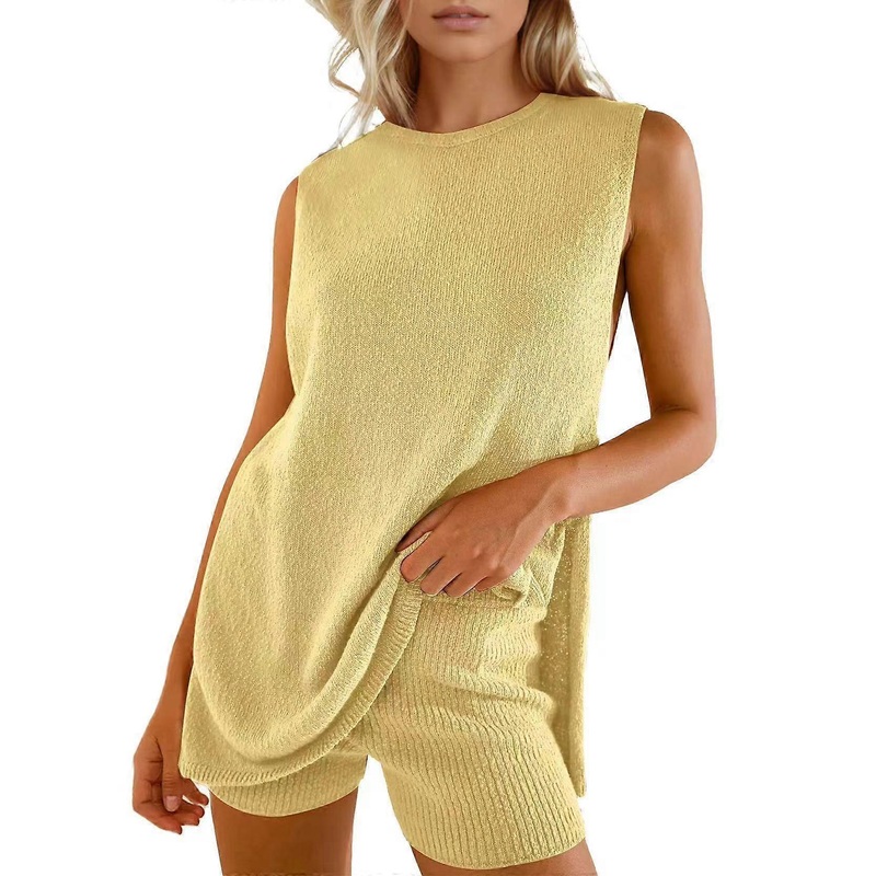 Women’s Summer Sleeveless Sweater Sets Casual Knit Tunic Tops and Shorts 2 Piece Outfits