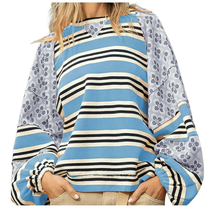 Womens Strip Tops Casual Color Blocked Blouses Ladies Long Sleeved